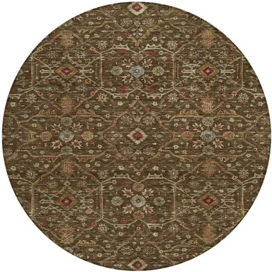 8' Chocolate Red And Green Round Floral Washable Indoor Outdoor Area Rug Photo 2