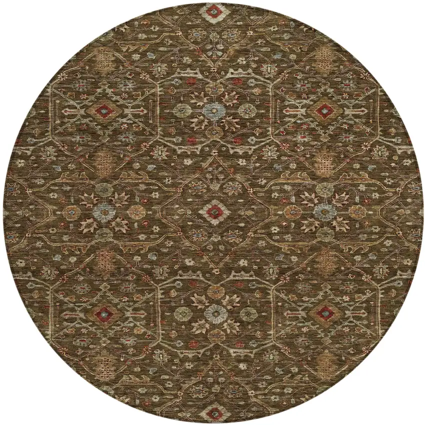 8' Chocolate Red And Green Round Floral Washable Indoor Outdoor Area Rug Photo 2
