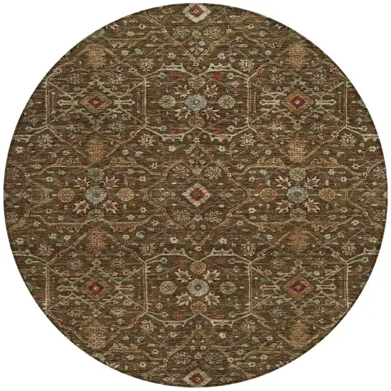 8' Chocolate Red And Green Round Floral Washable Indoor Outdoor Area Rug Photo 6