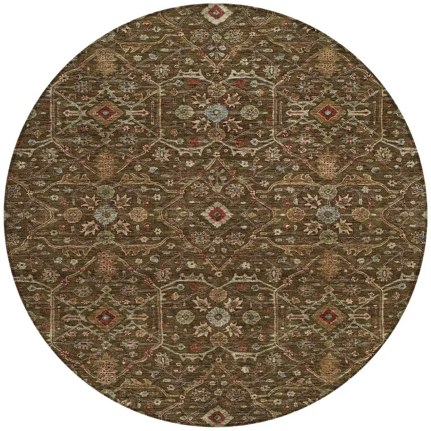 8' Chocolate Red And Green Round Floral Washable Indoor Outdoor Area Rug Photo 6