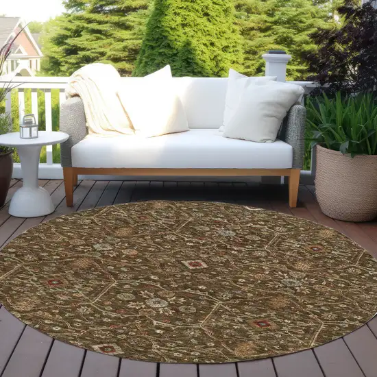 8' Chocolate Red And Green Round Floral Washable Indoor Outdoor Area Rug Photo 8