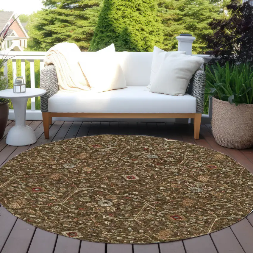 8' Chocolate Red And Green Round Floral Washable Indoor Outdoor Area Rug Photo 8