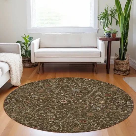8' Chocolate Red And Green Round Floral Washable Indoor Outdoor Area Rug Photo 9
