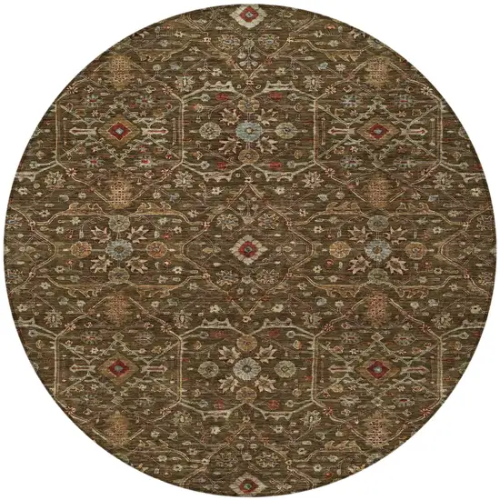 8' Chocolate Red And Green Round Floral Washable Indoor Outdoor Area Rug Photo 7