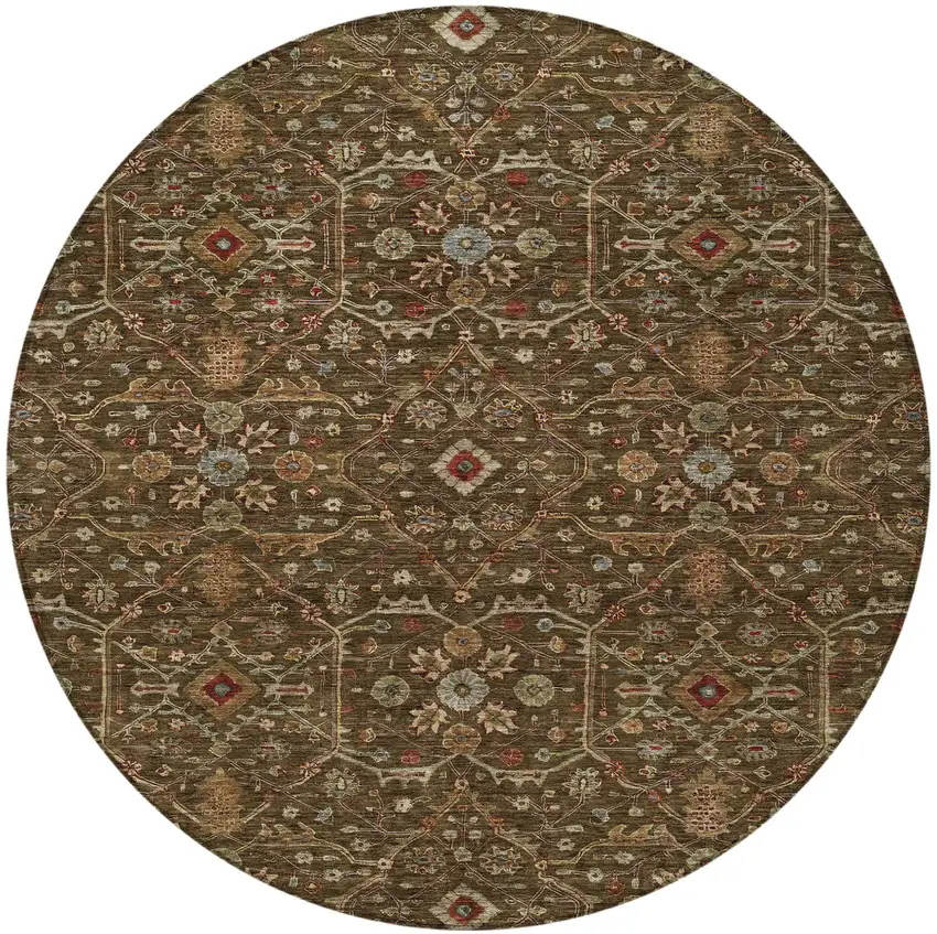 8' Chocolate Red And Green Round Floral Washable Indoor Outdoor Area Rug Photo 7