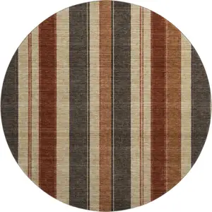 Photo of 8' Chocolate Rust And Beige Striped Washable Round Rug With UV Protection
