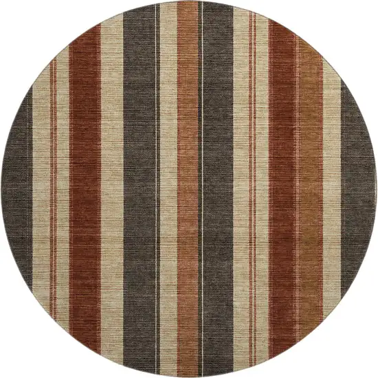 8' Chocolate Rust And Beige Striped Washable Round Rug With UV Protection Photo 1