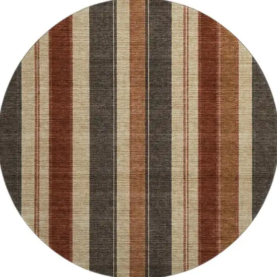8' Chocolate Rust And Beige Striped Washable Round Rug With UV Protection Photo 4