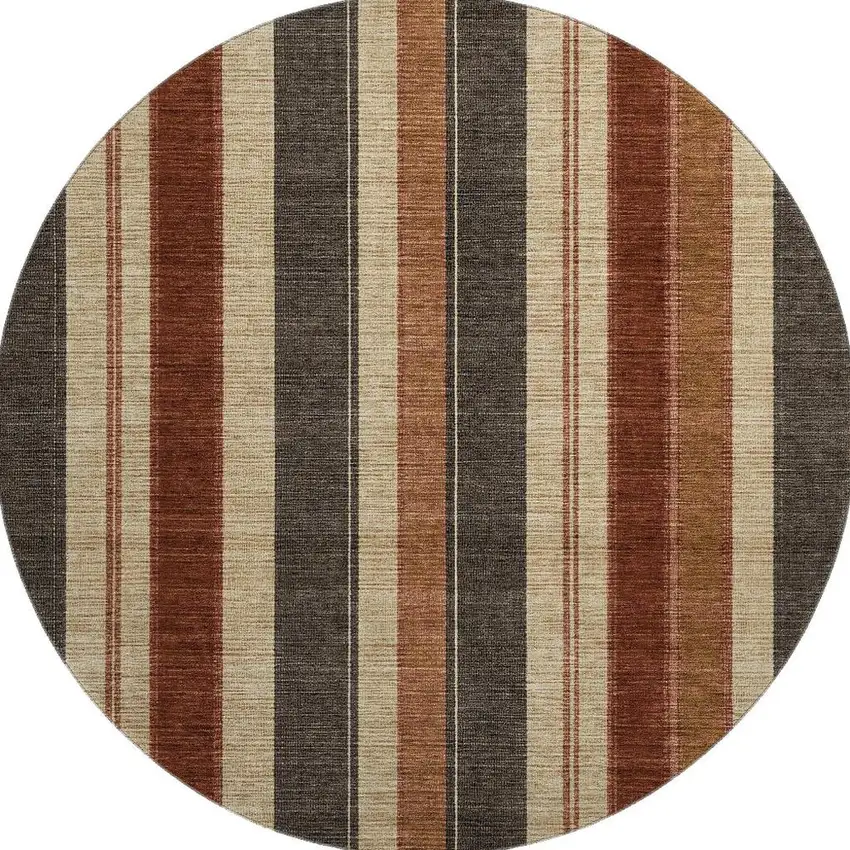8' Chocolate Rust And Beige Striped Washable Round Rug With UV Protection Photo 4