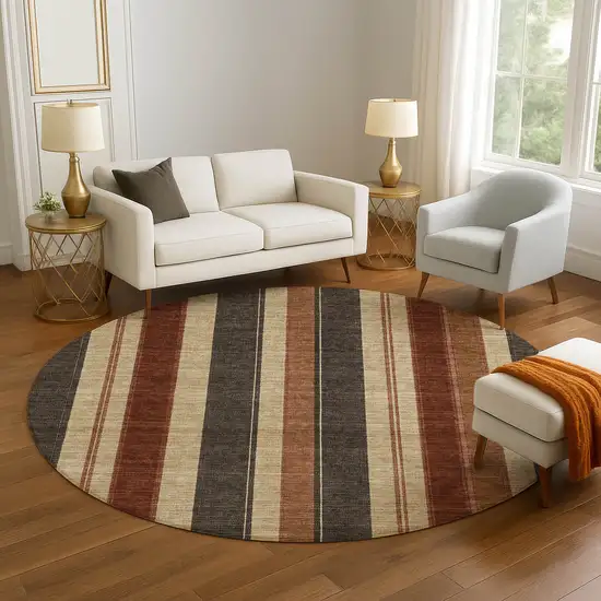 8' Chocolate Rust And Beige Striped Washable Round Rug With UV Protection Photo 5