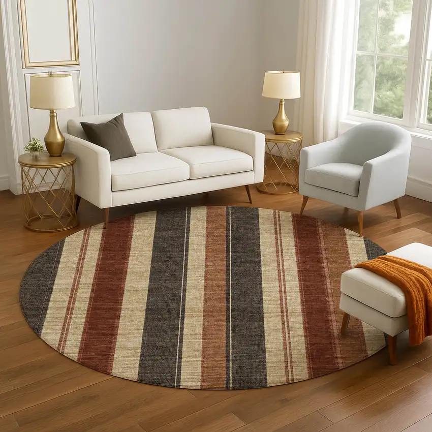 8' Chocolate Rust And Beige Striped Washable Round Rug With UV Protection Photo 5