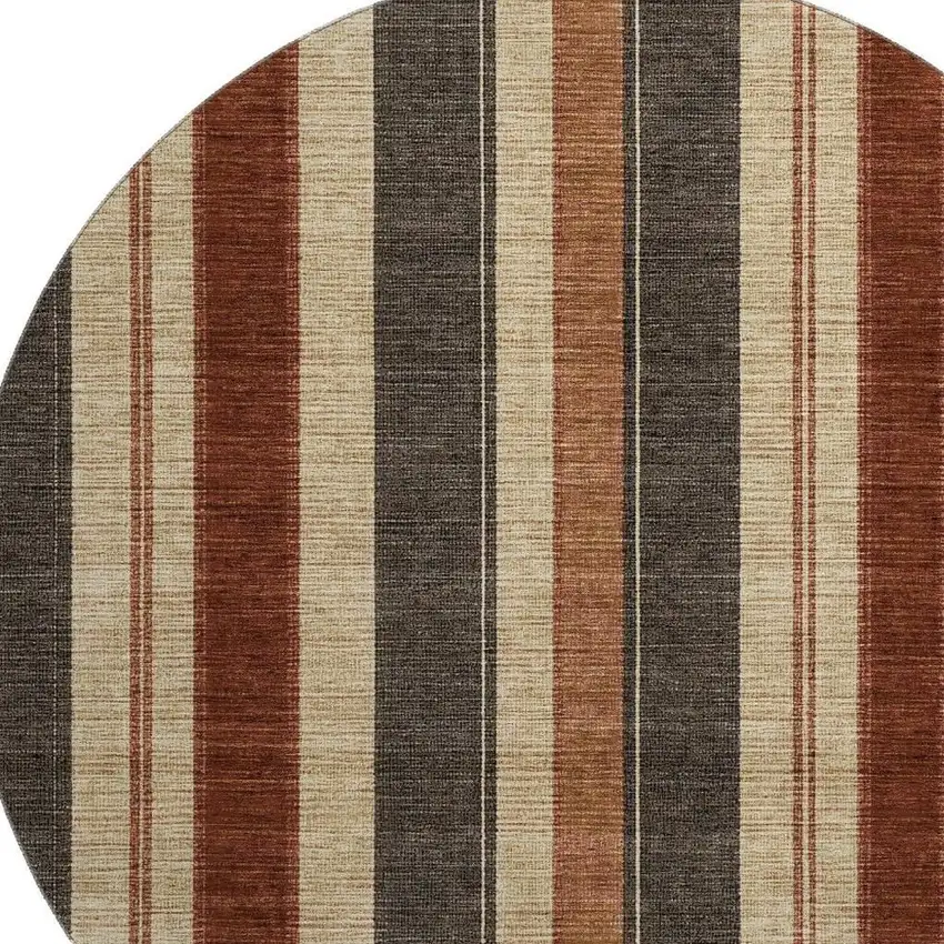 8' Chocolate Rust And Beige Striped Washable Round Rug With UV Protection Photo 3