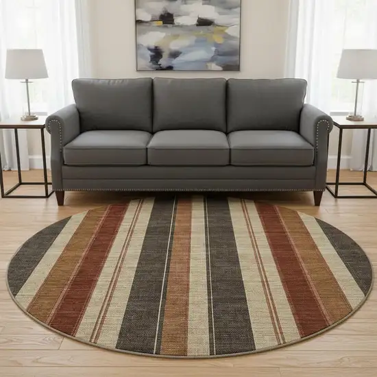 8' Chocolate Rust And Beige Striped Washable Round Rug With UV Protection Photo 2
