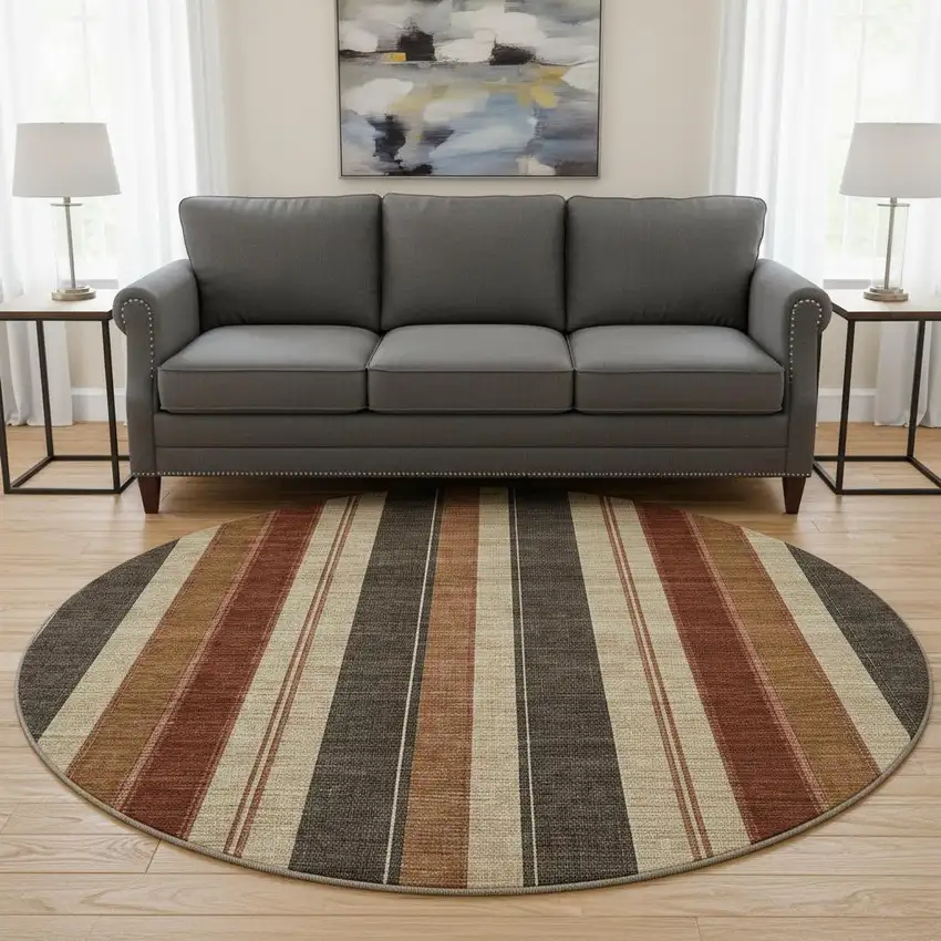 8' Chocolate Rust And Beige Striped Washable Round Rug With UV Protection Photo 2