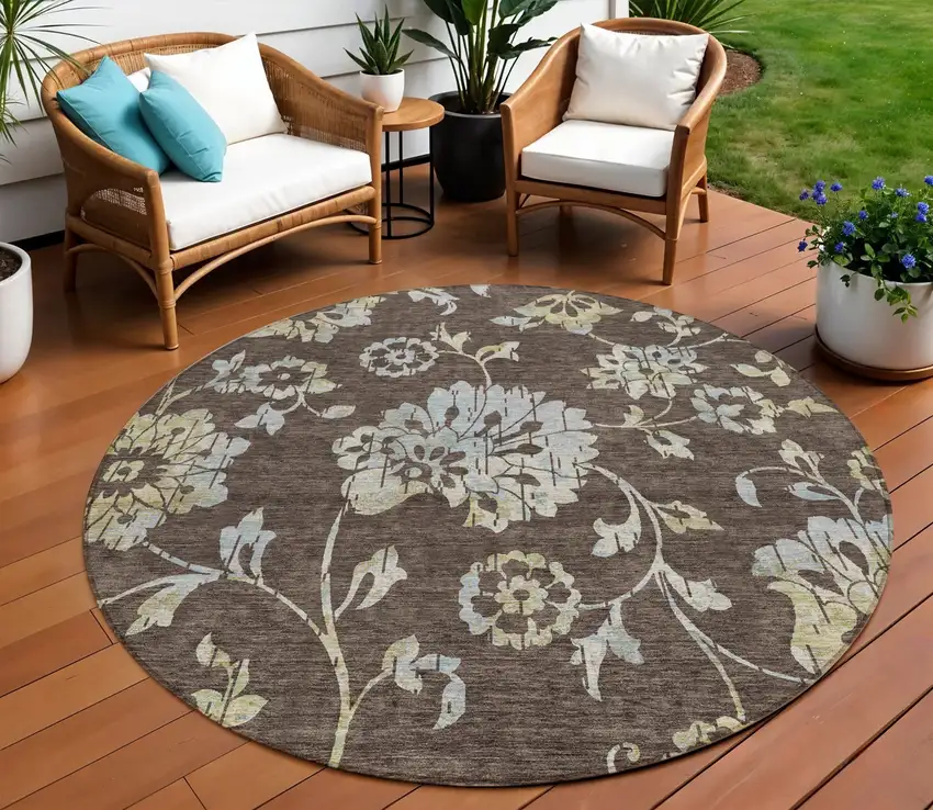 8' Chocolate Sky Blue And Artichoke Green Round Floral Washable Indoor Outdoor Area Rug Photo 1