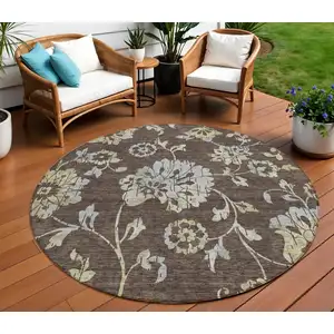 Photo of 8' Chocolate Sky Blue And Artichoke Green Round Floral Washable Indoor Outdoor Area Rug
