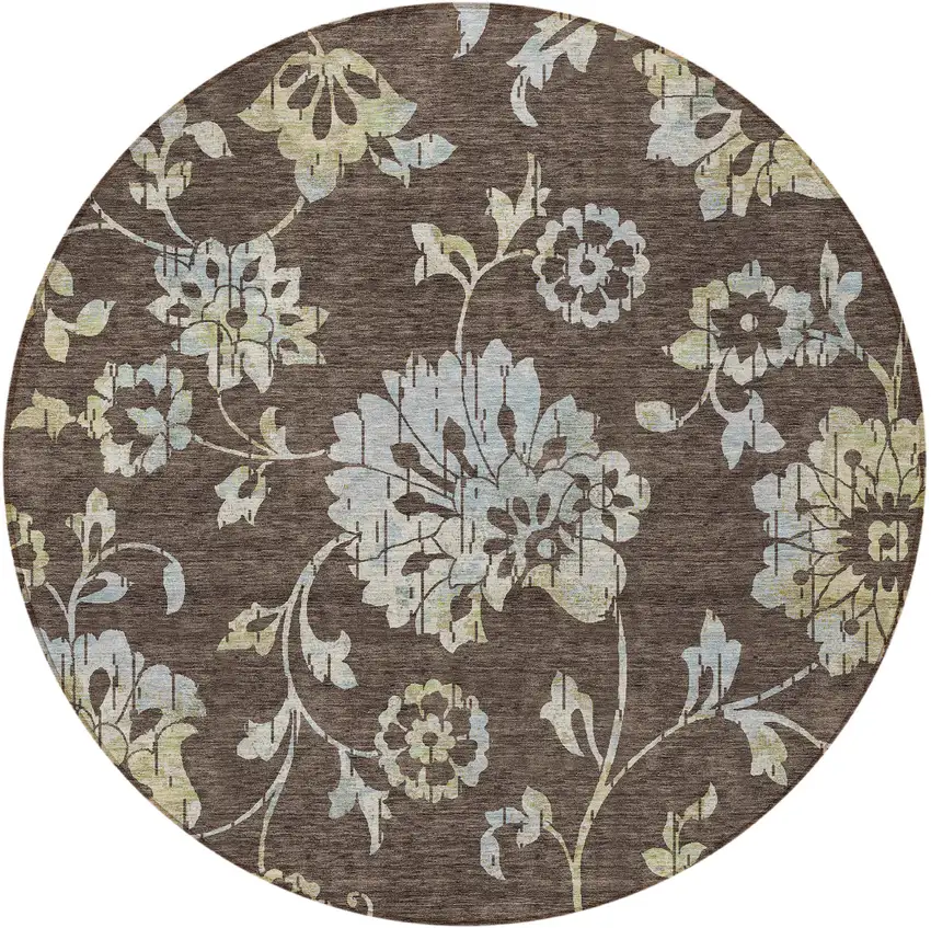 8' Chocolate Sky Blue And Artichoke Green Round Floral Washable Indoor Outdoor Area Rug Photo 6