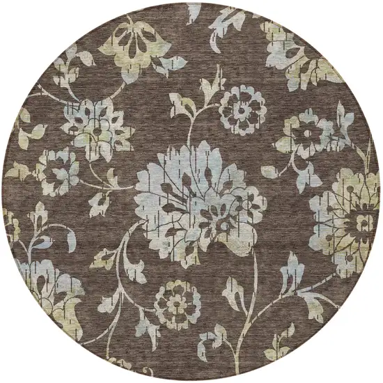 8' Chocolate Sky Blue And Artichoke Green Round Floral Washable Indoor Outdoor Area Rug Photo 6