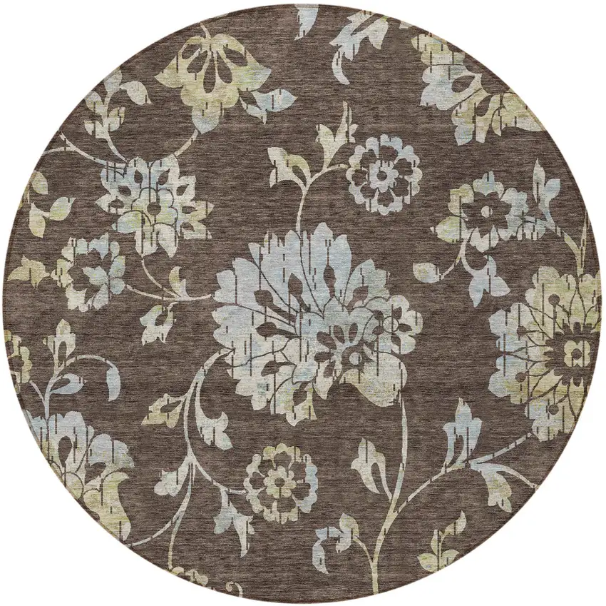 8' Chocolate Sky Blue And Artichoke Green Round Floral Washable Indoor Outdoor Area Rug Photo 6