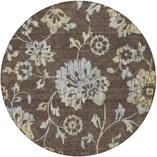 8' Chocolate Sky Blue And Artichoke Green Round Floral Washable Indoor Outdoor Area Rug Photo 6