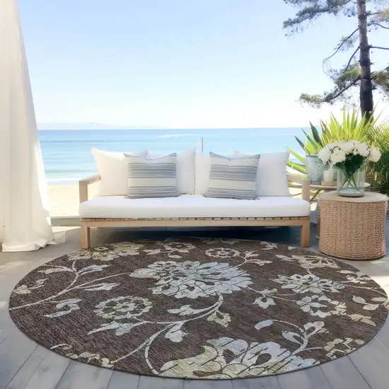 8' Chocolate Sky Blue And Artichoke Green Round Floral Washable Indoor Outdoor Area Rug Photo 7
