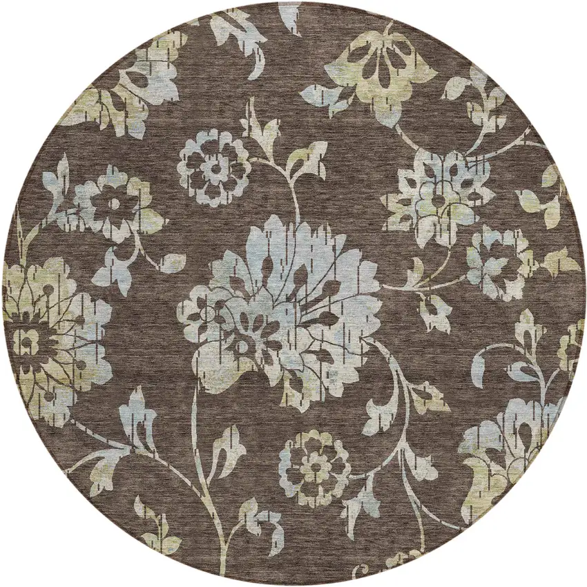 8' Chocolate Sky Blue And Artichoke Green Round Floral Washable Indoor Outdoor Area Rug Photo 2