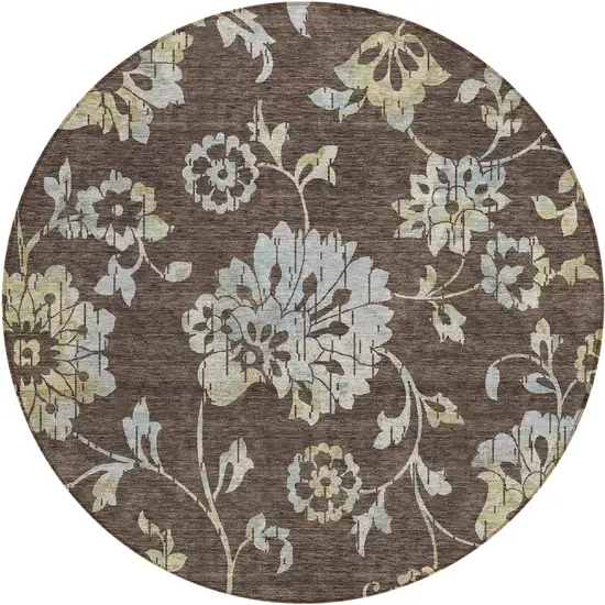 8' Chocolate Sky Blue And Artichoke Green Round Floral Washable Indoor Outdoor Area Rug Photo 2