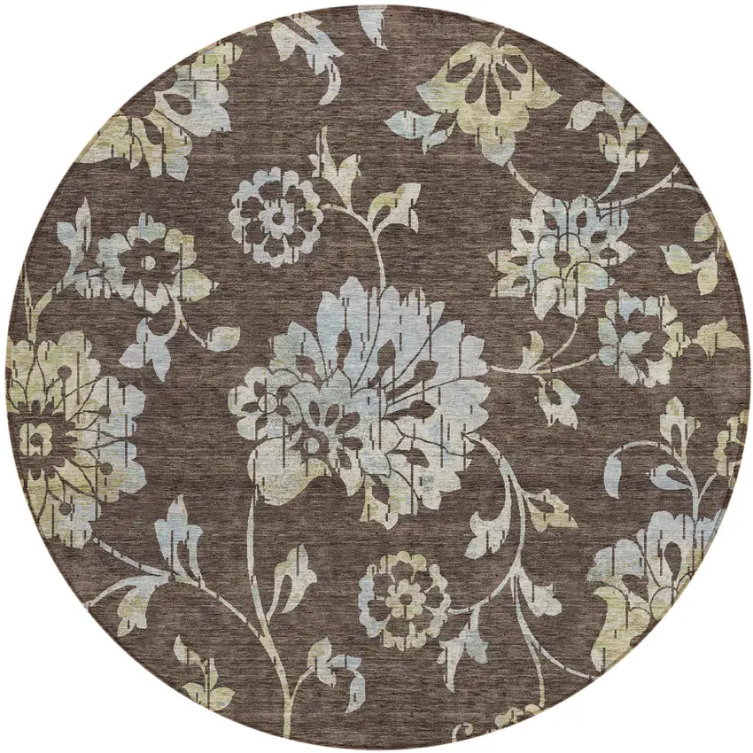 8' Chocolate Sky Blue And Artichoke Green Round Floral Washable Indoor Outdoor Area Rug Photo 2