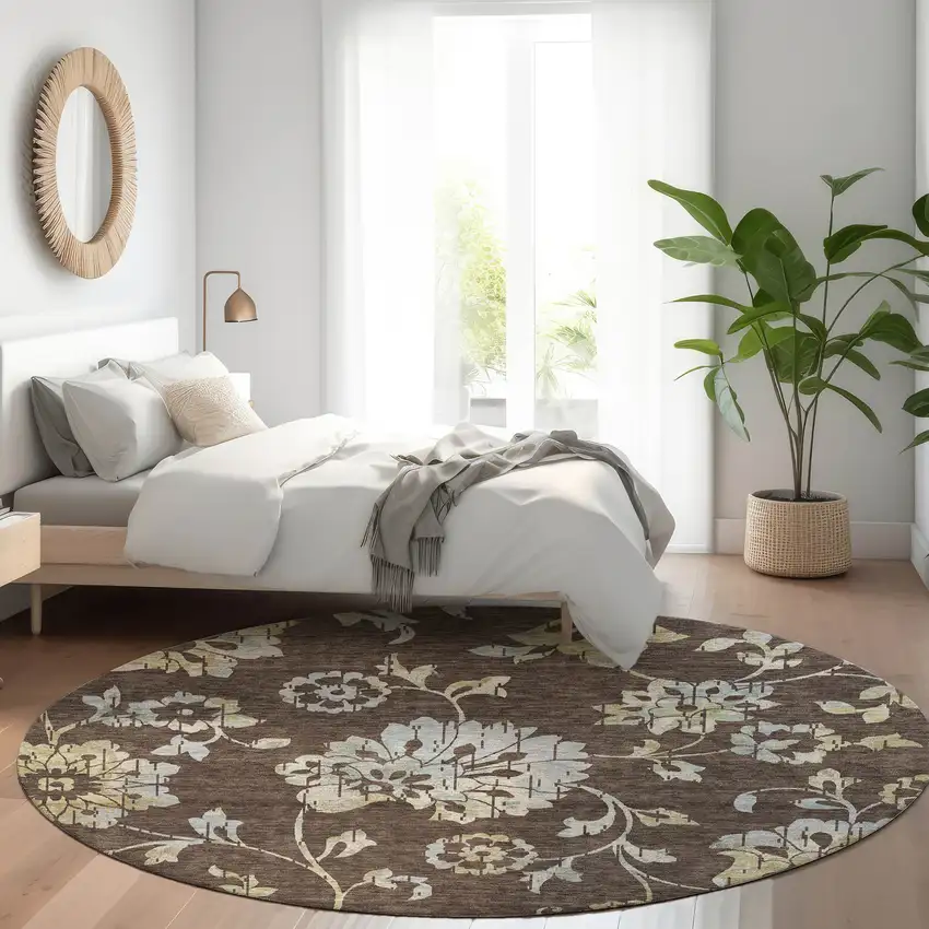 8' Chocolate Sky Blue And Artichoke Green Round Floral Washable Indoor Outdoor Area Rug Photo 8