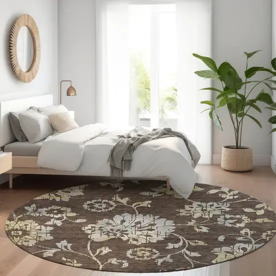 8' Chocolate Sky Blue And Artichoke Green Round Floral Washable Indoor Outdoor Area Rug Photo 8