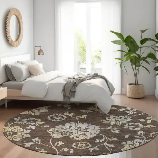 8' Chocolate Sky Blue And Artichoke Green Round Floral Washable Indoor Outdoor Area Rug Photo 8