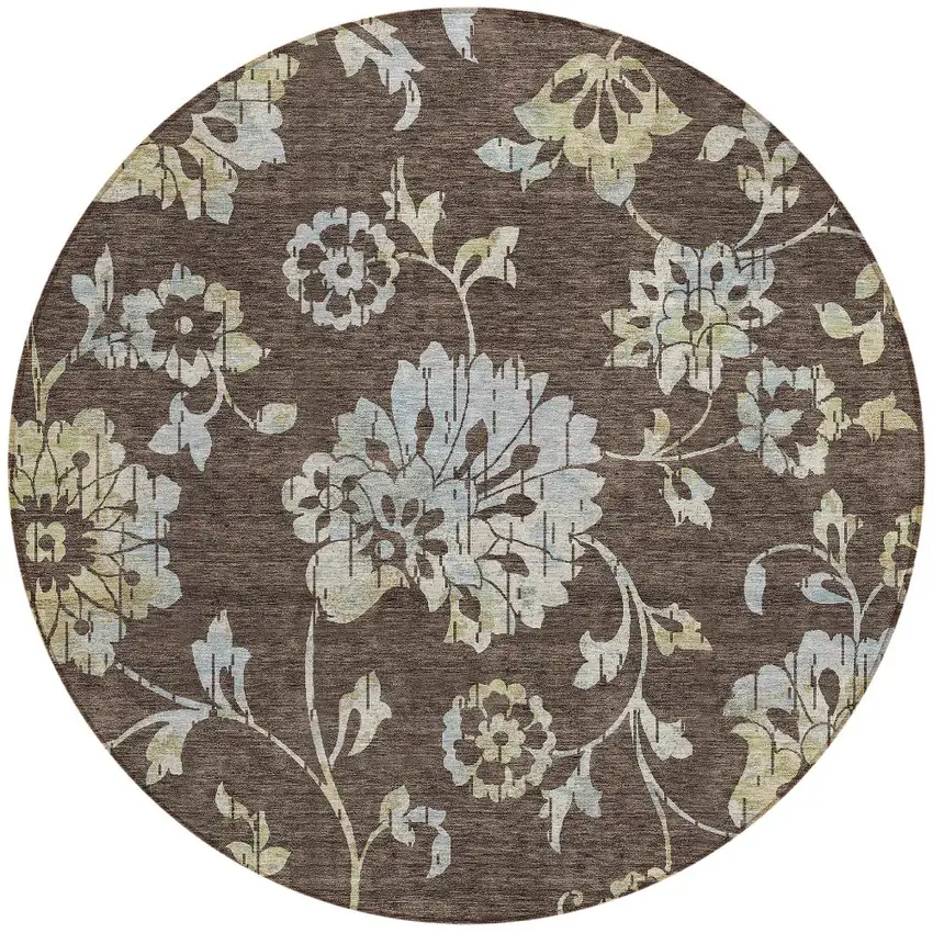 8' Chocolate Sky Blue And Artichoke Green Round Floral Washable Indoor Outdoor Area Rug Photo 5