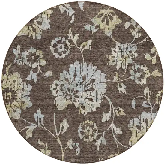 8' Chocolate Sky Blue And Artichoke Green Round Floral Washable Indoor Outdoor Area Rug Photo 5
