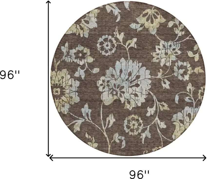8' Chocolate Sky Blue And Artichoke Green Round Floral Washable Indoor Outdoor Area Rug Photo 3