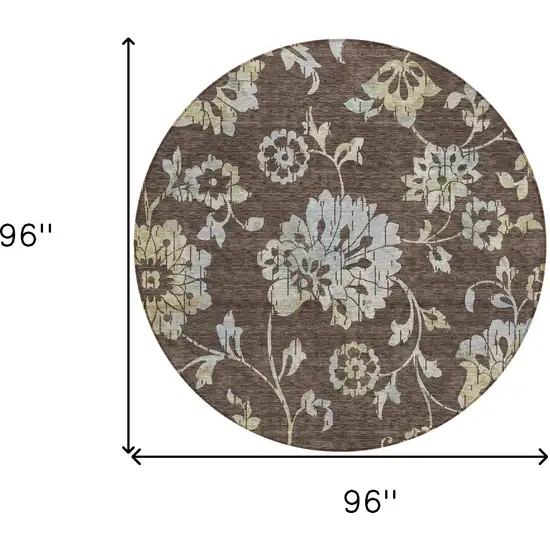 8' Chocolate Sky Blue And Artichoke Green Round Floral Washable Indoor Outdoor Area Rug Photo 3