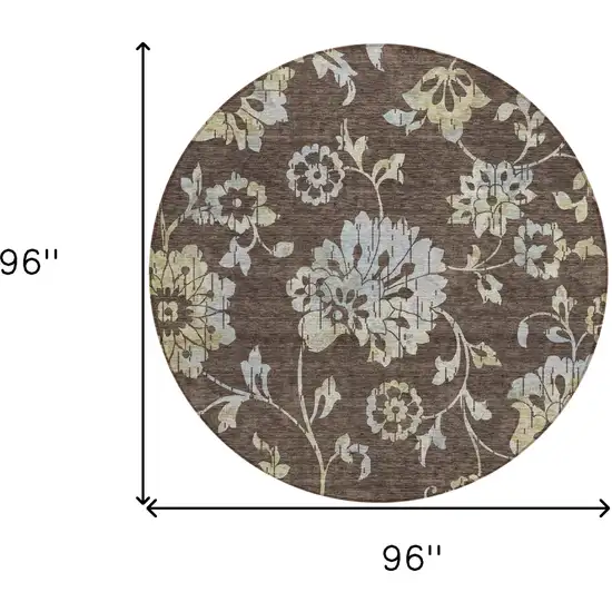 8' Chocolate Sky Blue And Artichoke Green Round Floral Washable Indoor Outdoor Area Rug Photo 3