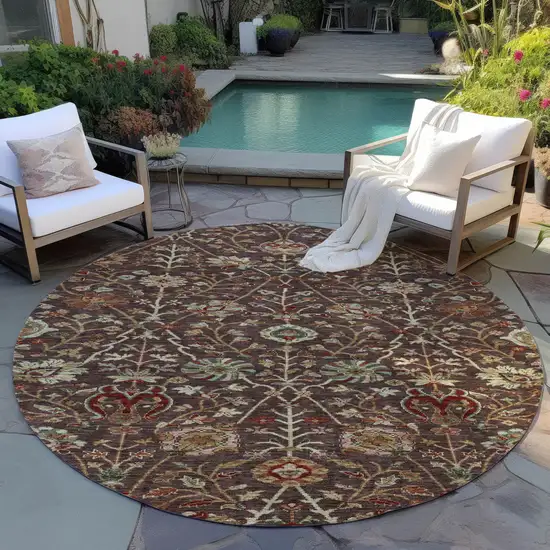 8' Chocolate Tan And Green Round Floral Washable Indoor Outdoor Area Rug Photo 8