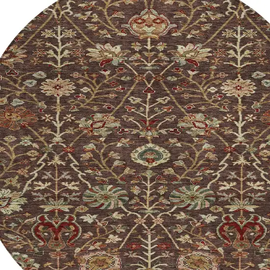 8' Chocolate Tan And Green Round Floral Washable Indoor Outdoor Area Rug Photo 6