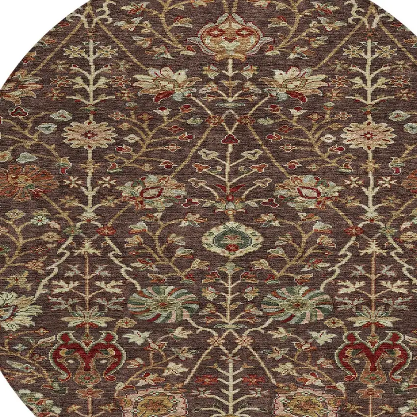 8' Chocolate Tan And Green Round Floral Washable Indoor Outdoor Area Rug Photo 6