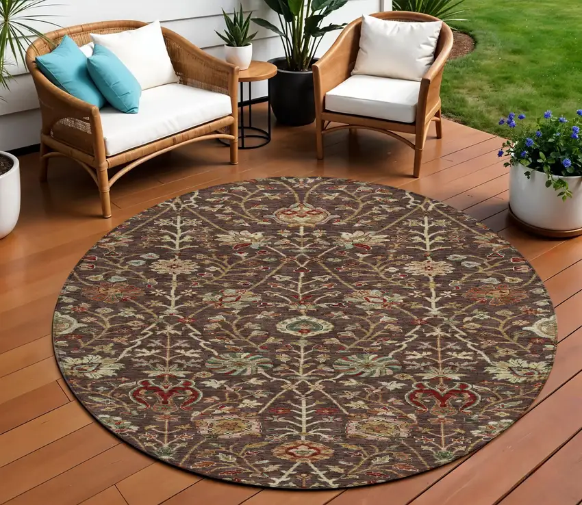 8' Chocolate Tan And Green Round Floral Washable Indoor Outdoor Area Rug Photo 1