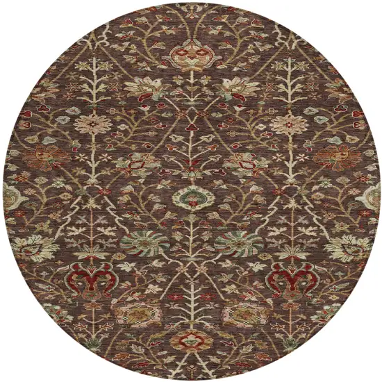 8' Chocolate Tan And Green Round Floral Washable Indoor Outdoor Area Rug Photo 2