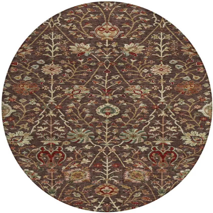 8' Chocolate Tan And Green Round Floral Washable Indoor Outdoor Area Rug Photo 2