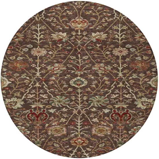 8' Chocolate Tan And Green Round Floral Washable Indoor Outdoor Area Rug Photo 7