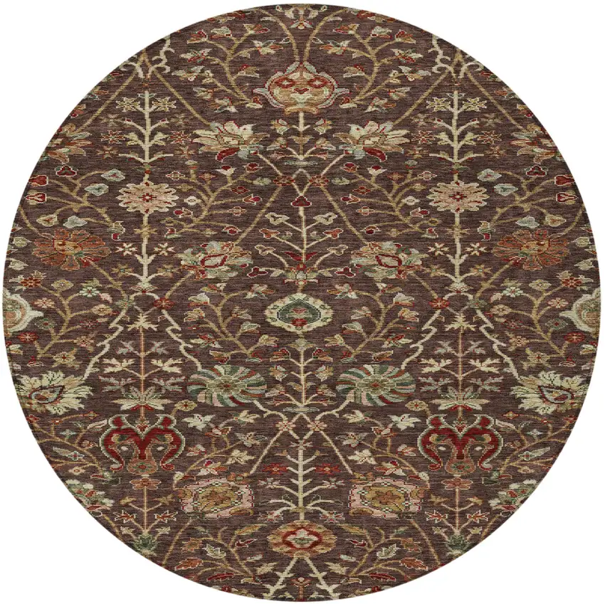 8' Chocolate Tan And Green Round Floral Washable Indoor Outdoor Area Rug Photo 7