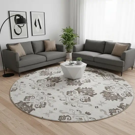 8' Chocolate Taupe And Beige Medallion Washable Round Rug With UV Protection Photo 2