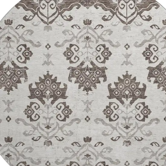 8' Chocolate Taupe And Beige Medallion Washable Round Rug With UV Protection Photo 3