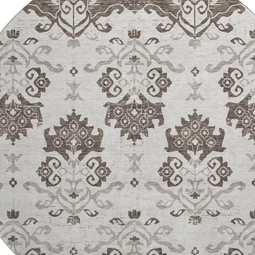 8' Chocolate Taupe And Beige Medallion Washable Round Rug With UV Protection Photo 3