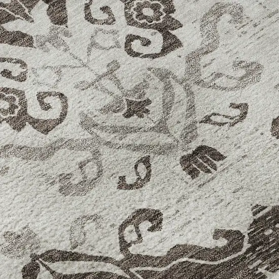 8' Chocolate Taupe And Beige Medallion Washable Round Rug With UV Protection Photo 9