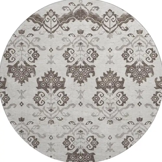 8' Chocolate Taupe And Beige Medallion Washable Round Rug With UV Protection Photo 4
