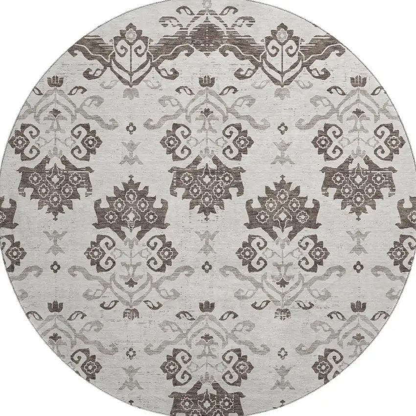 8' Chocolate Taupe And Beige Medallion Washable Round Rug With UV Protection Photo 4